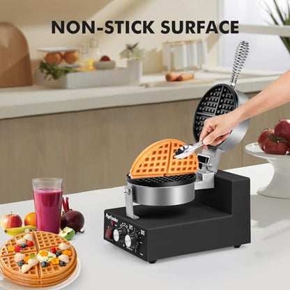 Popfoodex Commercial Waffle Maker for Restaurant, 110V Electric Waffle Maker w/Non-stick and 122–572°F Adjustable Temp, 1200W Profession Waffle Iron with Timer and Heavy Duty, Hotel Waffle Machine