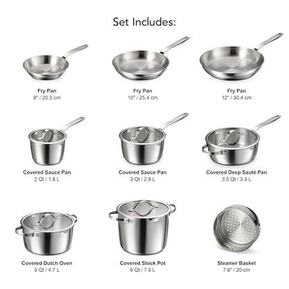 Tramontina Tempo Tri-Ply Base Stainless Steel 14-Piece Cookware Set with Glass Lids, Pots and Pans Kitchen Set, Induction-Ready, Oven-Safe, Dishwasher-Safe