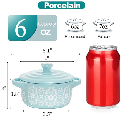 Goaste 4 Pack Porcelain Ramekins with Lids, 7 OZ Mini Casserole Dish with Handles, Round Ceramic Cocotte Bowl Set, Individual Small Baking Dish for Souffle, Creme Brulee, Lava Cake, Soup (4 Colors)
