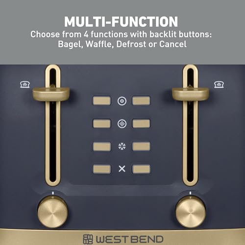 West Bend Timeless 4-Slice Toaster with 7 Browning Levels, Bagel/Waffle/Defrost Settings, High-Lift Lever, Anti-Jam, Easy-Clean Crumb Tray, 4-Slice, Blue/Gold