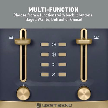 West Bend Timeless 4-Slice Toaster with 7 Browning Levels, Bagel/Waffle/Defrost Settings, High-Lift Lever, Anti-Jam, Easy-Clean Crumb Tray, 4-Slice, Blue/Gold