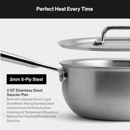 Misen 5-Ply Stainless Steel Saucier with Lid– Induction-Compatible Pan with Curved Sides for Smooth Stirring - Oven Safe to 800F – Even Heat Distribution & Ergonomic Handle - 1.5 QT
