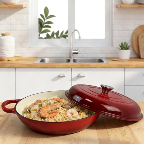 Kookantage 3.5 Quarts Enameled Cast Iron Braiser, Non Stick Enameled Cast Iron Casserole Skillet with Lid, Heavy Duty and Dual Handles Pan for Oven, Stove, Grill,Cook, Bake.