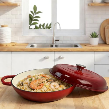 Kookantage 3.5 Quarts Enameled Cast Iron Braiser, Non Stick Enameled Cast Iron Casserole Skillet with Lid, Heavy Duty and Dual Handles Pan for Oven, Stove, Grill,Cook, Bake.