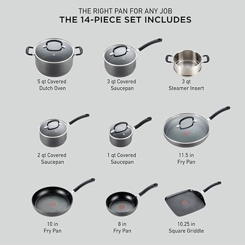 T-fal Ultimate Hard Anodized Nonstick Pots and Pans Set 14 Piece, Oven Broiler Safe 400F, Kitchen Cooking Set w/Fry Pans, Saucepans, Griddle, Dutch Oven, Dishwasher Safe, Cookware, Onyx