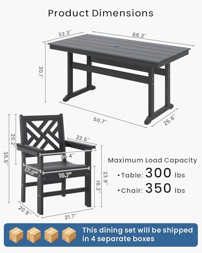 BIVODA 7-Piece Outdoor Dining Set, HDPE All-Weather Patio Table and Chairs Set for 6, Outdoor Patio Furniture Sets with Umbrella Hole for Outside, Deck, Backyard, Garden (Black)