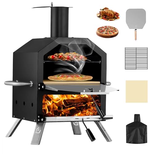 PIZZELLO Outdoor Wood Fired Pizza Maker 2-Layer with Pizza Stone, Peel & Rack - Waterproof Cover & Folding Legs for Camping, BBQ & Gifts (26 Inch)
