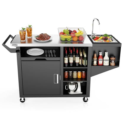 NUUK Outdoor Grill Cart on Wheel, Pizza Oven Table with Sink & Storage, 20"x42" Stainless Steel Prep Table Kitchen Island Cabinet for Backyard BBQ