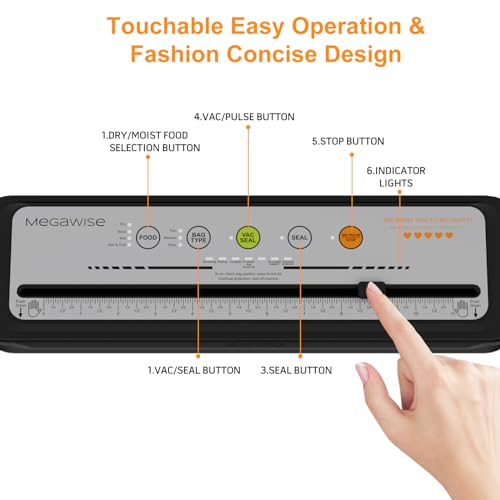 Updated Vacuum Sealer Machine 2025, MEGAWISE Food Sealer w/Starter Kit, Dry & Moist Food Modes, Compact Design with 10 Vacuum Bags & Built-in Cutter (Grey)