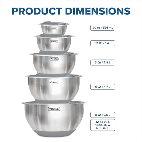 Viking Mixing Bowls Set, 10 Piece Stainless Steel Kitchen Cookware, Non-Slip Silicone Base, Includes Tight Fit Lids, Dishwasher Safe, Grey