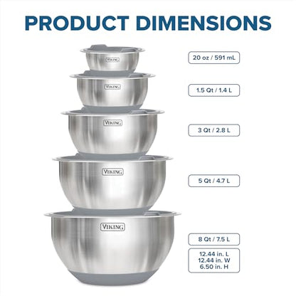 Viking Mixing Bowls Set, 10 Piece Stainless Steel Kitchen Cookware, Non-Slip Silicone Base, Includes Tight Fit Lids, Dishwasher Safe, Grey