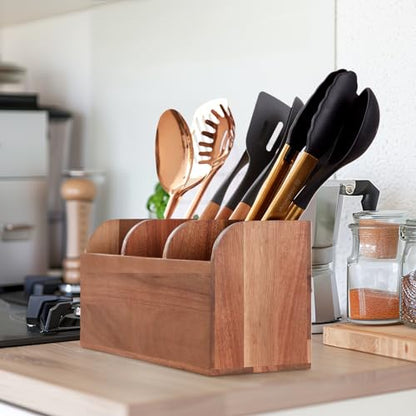 Wooden Utensil Holder for Kitchen Counter, Large Acacia Rustic Utensil Holder for Countertop with 3 Compartments, Wall Mounted Cooking Utensil Holder, Wooden Kitchen Utensil Caddy with Non-Slip Pads