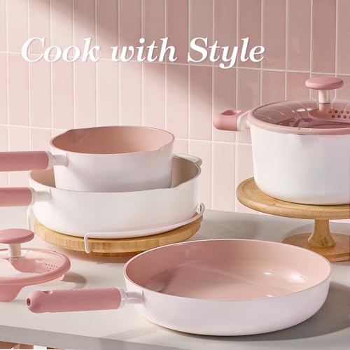 CAROTE 11 Inch Nonstick Deep Frying Pan with Lid, 5 Qt Chef Saute Pan with Pour Spout, Skillet Induction Cookware, Non Stick Cooking Pan Kitchen Pan, Healthy & PFOA/PFAS Free, Includes Spatula, Pink