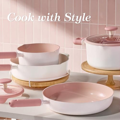 CAROTE 11 Inch Nonstick Deep Frying Pan with Lid, 5 Qt Chef Saute Pan with Pour Spout, Skillet Induction Cookware, Non Stick Cooking Pan Kitchen Pan, Healthy & PFOA/PFAS Free, Includes Spatula, Pink
