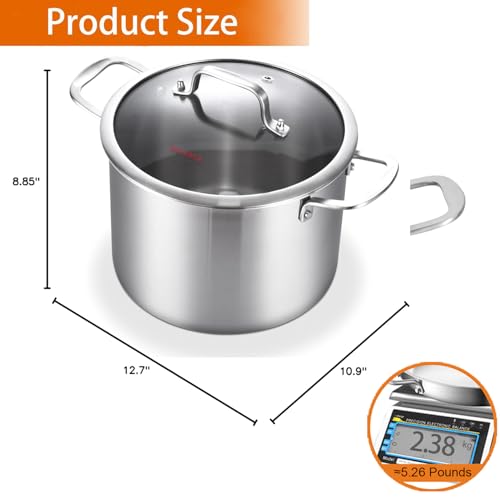 DELARLO Tri-Ply Stainless Steel 8 Quart Stock Pot, Heavy-Duty, All Stove Compatible, Up to 600℉ Soup Pot with Lid, 18/10 Induction Big Stockpot with Lids, Large Stainless Steel Induction for Cooking