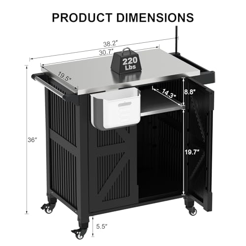IWDOO Outdoor Kitchen Island with Storage Cabinet, Movable Grill Cart with Stainless Steel Countertop, 4 Swivel Wheels, PP Material Rolling BBQ Food Prep Table Cart for Patio, Poolside, Black
