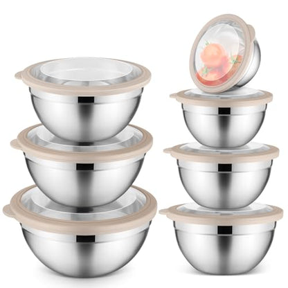 E-far Stainless Steel Mixing Bowls with Airtight Clear Lids Set of 7, Metal Nesting Bowls for Kitchen Prep, Baking, Cooking, Serving, Salad, Dishwasher Safe, Size 4.6, 3.5, 3, 2, 1.5, 1, 0.7QT, Khaki