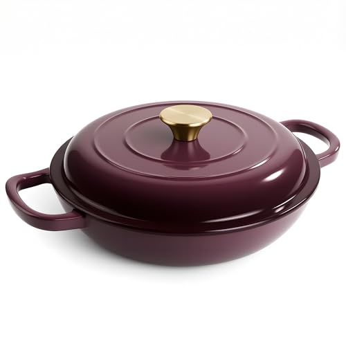3 Quart Enameled Cast Iron Braiser, Non Stick Enameled Cast Iron Skillet with Lid, Dutch Oven Skillet with lid up to 500°F for Oven, Stove, Grill, Shallow Dutch Oven for Cook, Bake (Fig)