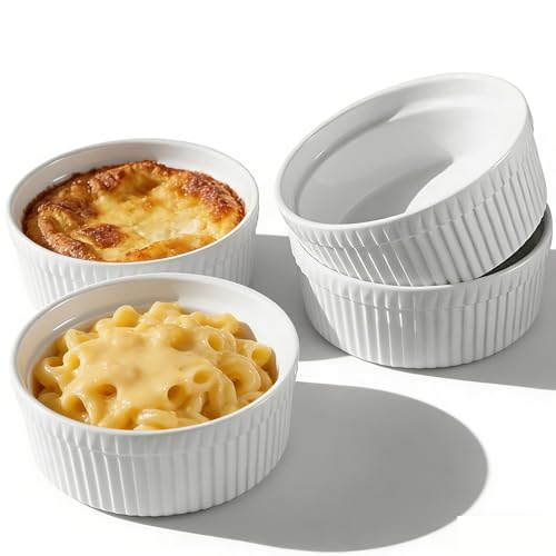 Cinf White 10 oz Set of 4 Souffle Dishes Ramekins Oven Microwave Safe Bowls Creme Brulee Sauce Cups for Baking Cooking Porcelain Individual Serving Size for Desserts