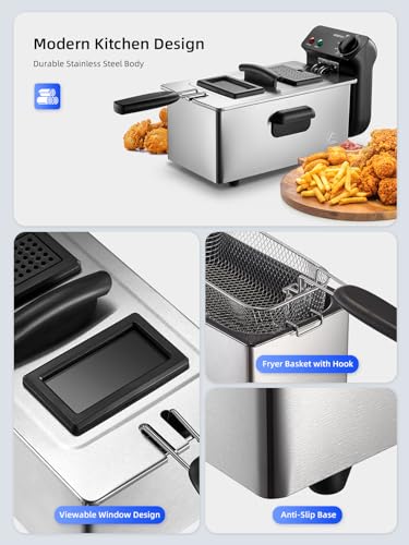 Reemix 3L Electric Deep Fryer 1500W, Adjustable Temperature up to 375°F, Detachable & Dishwasher Safe Oil Pot, Small Countertop Fried Chicken Maker, Stainless Steel