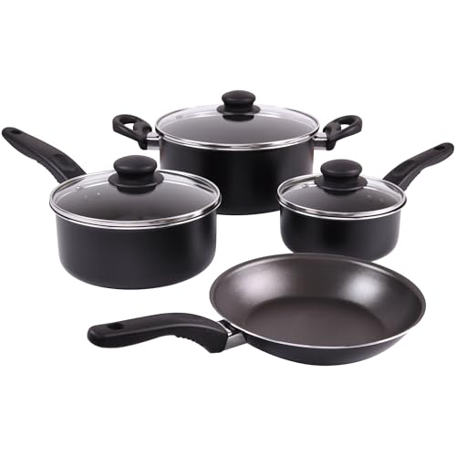 7 Piece Aluminum Non Stick Cookware Set with Glass Lids Black