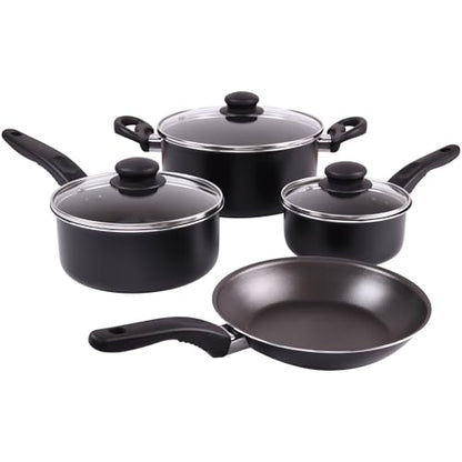 7 Piece Aluminum Non Stick Cookware Set with Glass Lids Black