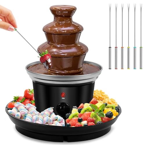 16oz Chocolate Fondue Fountain, 3-Tier MINI Chocolate Fountain with 6PCS Fondue Fork and Removal Tray for Fruits/Nuts/Treats