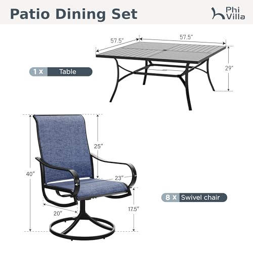 PHI VILLA 9 Piece Outdoor Patio Dining Set, Large Square Metal Dining Table and 8 Outdoor Swivel Dining Chairs, Patio Table and Blue Chair Furniture Dining Set for 8 Person