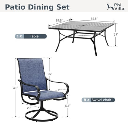 PHI VILLA 9 Piece Outdoor Patio Dining Set, Large Square Metal Dining Table and 8 Outdoor Swivel Dining Chairs, Patio Table and Blue Chair Furniture Dining Set for 8 Person