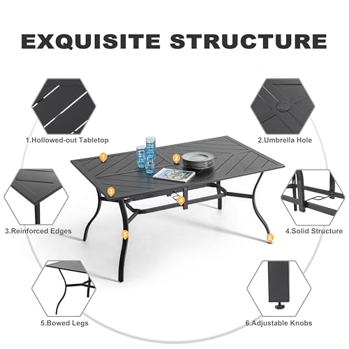 NUU GARDEN 7-Piece Patio Table and Chairs with Cushions, Outdoor Dining Set for 6, Rectangular Metal Table and Rattan Chairs with Umbrella Hole for Lawn Garden Backyard Deck, Brown