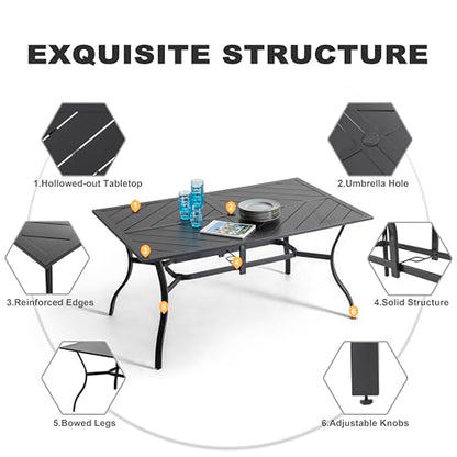 NUU GARDEN 7-Piece Patio Table and Chairs with Cushions, Outdoor Dining Set for 6, Rectangular Metal Table and Rattan Chairs with Umbrella Hole for Lawn Garden Backyard Deck, Brown