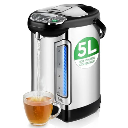 NutriChef Electric Water Boiler and Warmer - 5L/5.28 Qt Stainless Steel Hot Water Dispenser w/Rotating Base, Keep Warm Temperature Set, Auto Shut Off, Safety Lock, Instant Heating for Coffee & Tea
