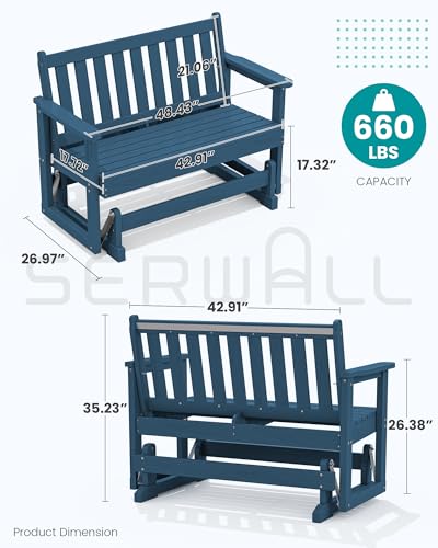 SERWALL Outdoor HDPE Glider Bench, All Weather Swinging Bench for Outdoor Porch Garden, 660LBS Capacity, Deep Navy