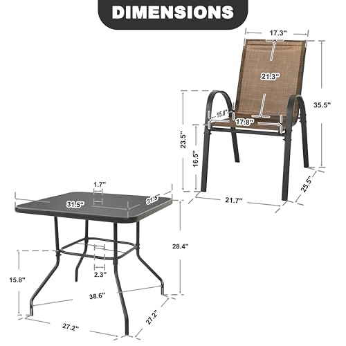 NUU GARDEN 5 PCS Patio Dining Set, Metal Outdoor Table and Chairs, with 4 Stackable Chairs and 31.5’’ Square Table with Umbrella Hole, Outdoor Dining Set for Lawn, Balcony, Garden, Black and Brown