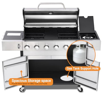 GRILL DEPOTS 6 Burner Propane Gas Grill with Side Burner, Cast Iron Grates, Plate, Lid and Warming Rack, Large Cabinet Style BBQ Grill for Barbecue Grilling Backyard Cooking, 620 SQ. IN. Cooking Area