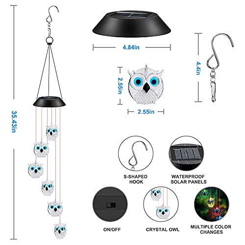 Solar Wind Chimes, Owl LED Solar Powered Wind Chimes Lamp Color Changing Waterproof Garden Chimes with Hook for Outdoor Indoor Patio Yard Deck Grandma Mom