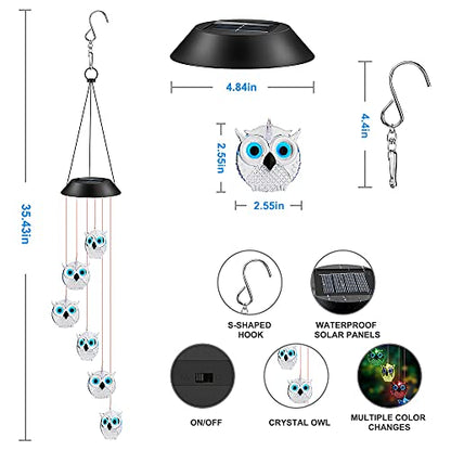 Solar Wind Chimes, Owl LED Solar Powered Wind Chimes Lamp Color Changing Waterproof Garden Chimes with Hook for Outdoor Indoor Patio Yard Deck Grandma Mom