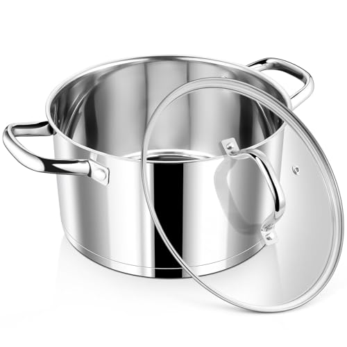 P&P CHEF 6 Quarts Cooking Stock Pot with Lid, Stainless Steel Stockpot Induction Pot for Soup, Tri-Ply Bottom & Clear Glass Lid & Double Handle, Dishwasher Safe