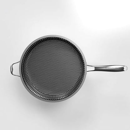 CATHYLIN 316L Stainless Steel 8QT Frying Pan Hexagon Nonstick Wok with Lid,Single Handle to Hold, PFOA Free, Dishwasher Oven Safe (8QT/Single Handle)