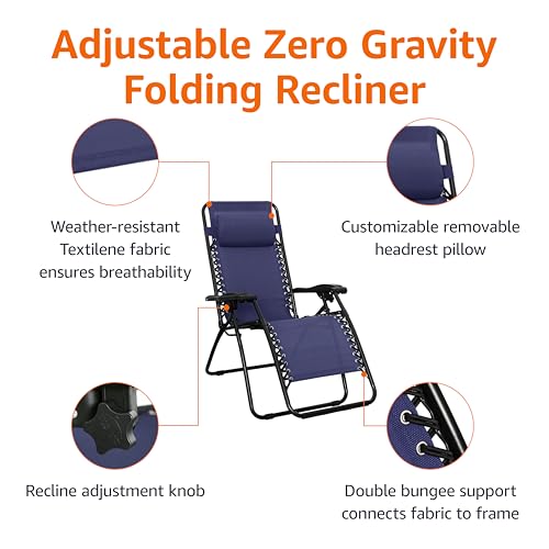 Amazon Basics Outdoor Portable Zero Gravity Reclining Lounge Chair with Headrest Pillow, Textilene, Lightweight, 26", Blue