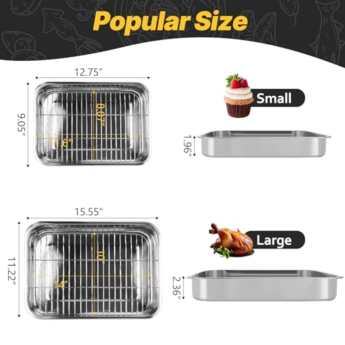 2 Pcs 12.7"15.5" Stainless Steel Roasting Pans with Handles, Baking Pan for Oven with 2 Pcs Flat Racks, Heavy Duty, Dishwasher Safe Rectangular Lasagna Pan with Handles for Turkey Chicken, Silver