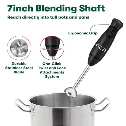BELLA Immersion Hand Blender, Portable Mixer with Whisk Attachment - Electric Handheld Juicer, Shakes, Baby Food and Smoothie Maker, Stainless Steel, Black