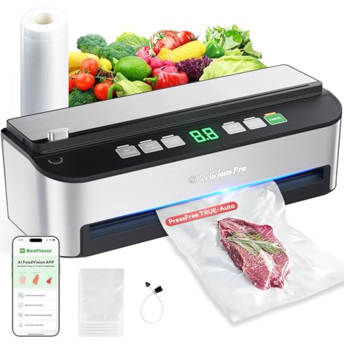 PressFree TRUE-Auto Vacuum Sealer Machine, Beelicious 85KPA Fully Automatic 8-IN-1 Food Sealer with Bags Storage, Build-in Cutter, Moist Mode and Air Suction Hose | Digital Countdown | Sous Vide