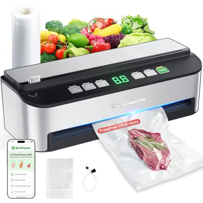 PressFree TRUE-Auto Vacuum Sealer Machine, Beelicious 85KPA Fully Automatic 8-IN-1 Food Sealer with Bags Storage, Build-in Cutter, Moist Mode and Air Suction Hose | Digital Countdown | Sous Vide