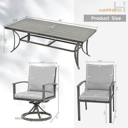 HAPPATIO 9-Piece Patio Outdoor Dining Set - All Aluminum Patio Table and Chairs Set for 8 Includes 1 Rectangular Table, 6 Dining Chairs, and 2 Swivel Chairs with Cushions for Lawn, Garden