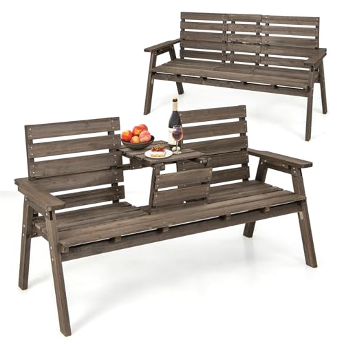 Tangkula Outdoor Fir Wood Bench with Foldable Middle Table, 2-3 Person Garden Bench with Backrest and Armrests, 710 lbs Weight Capacity, Slatted Seat Bench for Porch, Patio, Backyard