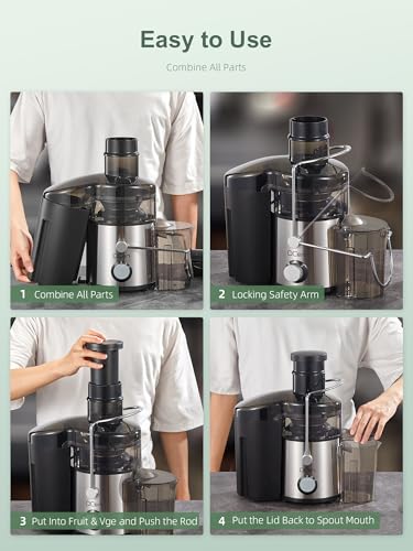 QCen Juicer Machine, 800W Centrifugal Juicer Extractor with Extra Wide Mouth Feed Chute for Fruits & Vegetables, Easy to Clean, Stainless Steel, BPA-Free