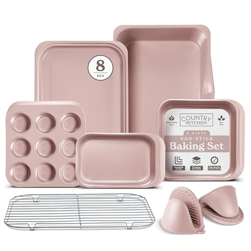 Country Kitchen Nonstick Stackable Bakeware Set - Deluxe Heavy Duty, Durable, Easy Release Baking Set, 8 Pcs, Pink