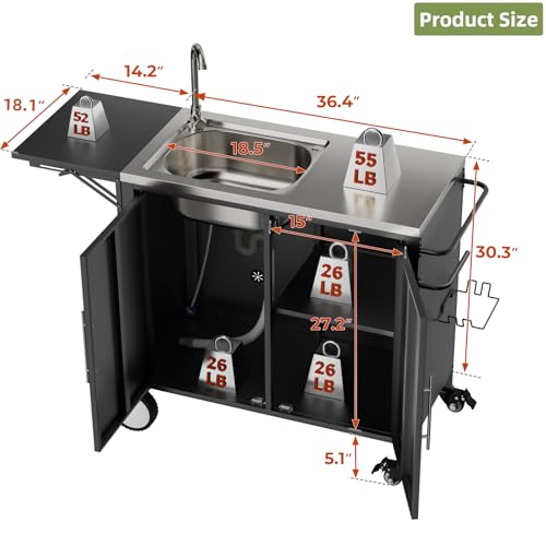 ahomrt Outdoor Grill Table with Sink, Metal Worktable Kitchen Cabinet Island w/ 304 Stainless Steel Sink, Foldable Top and Storage Cabinet, Rolling Grill Cart with Wheels for Garden, Backyard and Lawn
