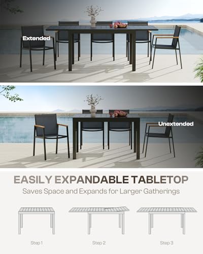 Oasbira Outdoor Aluminum Patio Dining Table Set for 8 Person, Expandable Outdoor Table and 8 Chairs with Textilene Fabric & HDPS Armrest, All-Weather Patio Furniture Set for Yard, Deck, Gray